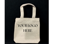 A natural canvas tote bag with black printed text reading 'YOUR LOGO HERE' on the front, set against a solid black background.

8"W x 8"H x 1.5"D
14" Handles
